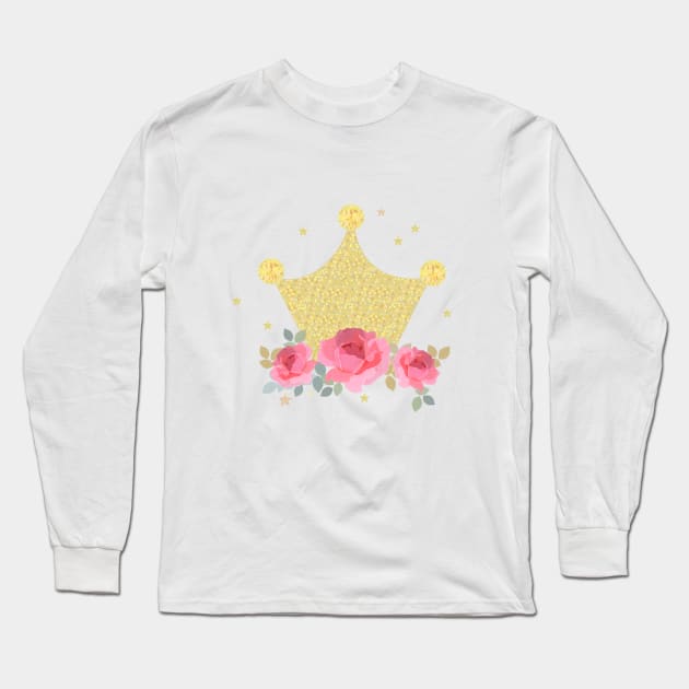 Shining crown with hand drawn pink roses Long Sleeve T-Shirt by GULSENGUNEL
